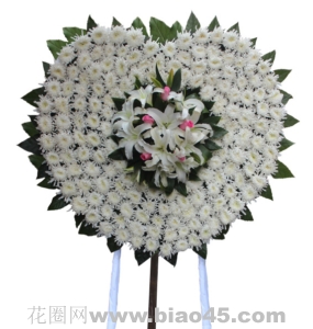 情凝雪片-白菊、百合,玫瑰点缀，绿材搭配，精致插花规格：高约为1.6米左右<葬礼花圈>